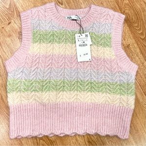 🎀 NWT ZARA pastel pink stripe fuzzy knit cropped vest Large